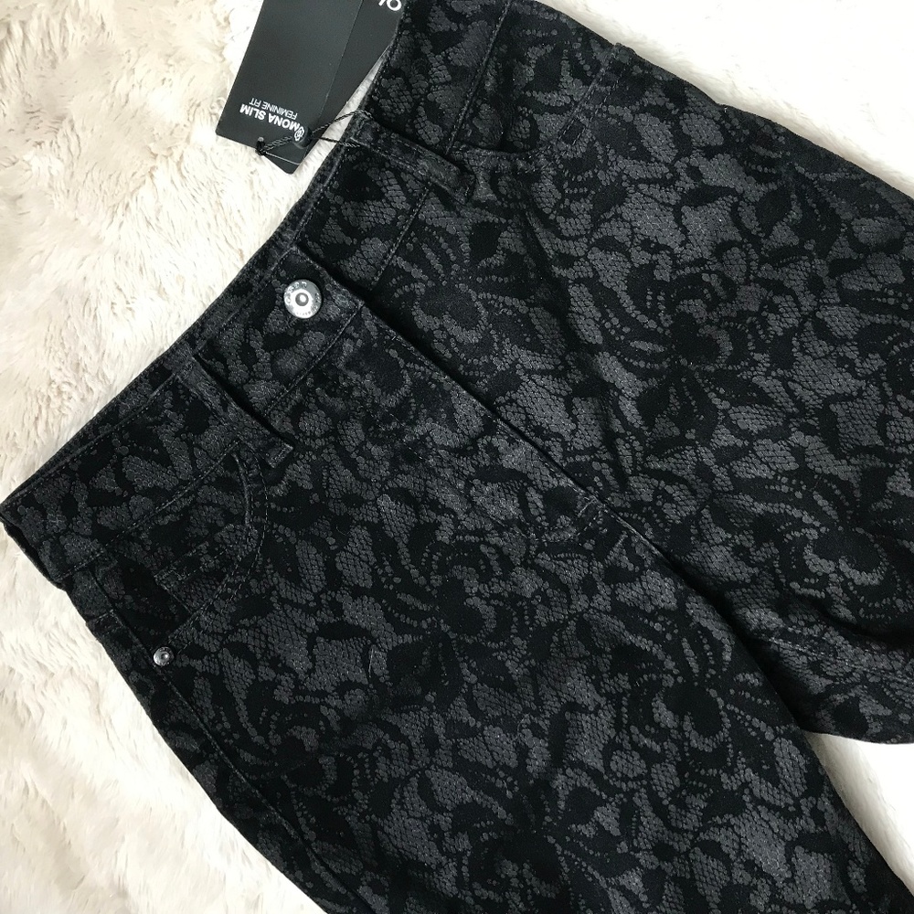 OLSEN EUROPE; Mona Slim Black Jarquard Print Pant Bottoms